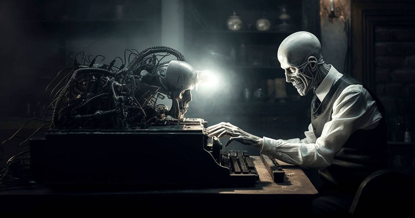 A skull-faced figure in shirtsleeves and a waistcoat types at an old typewriter in a dark room, facing a second skull wired into a tangle of cables and machinery