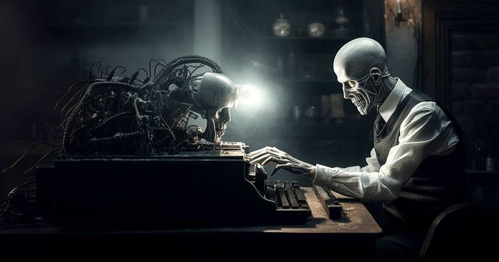 A skull-faced figure in shirtsleeves and a waistcoat types at an old typewriter in a dark room, facing a second skull wired into a tangle of cables and machinery