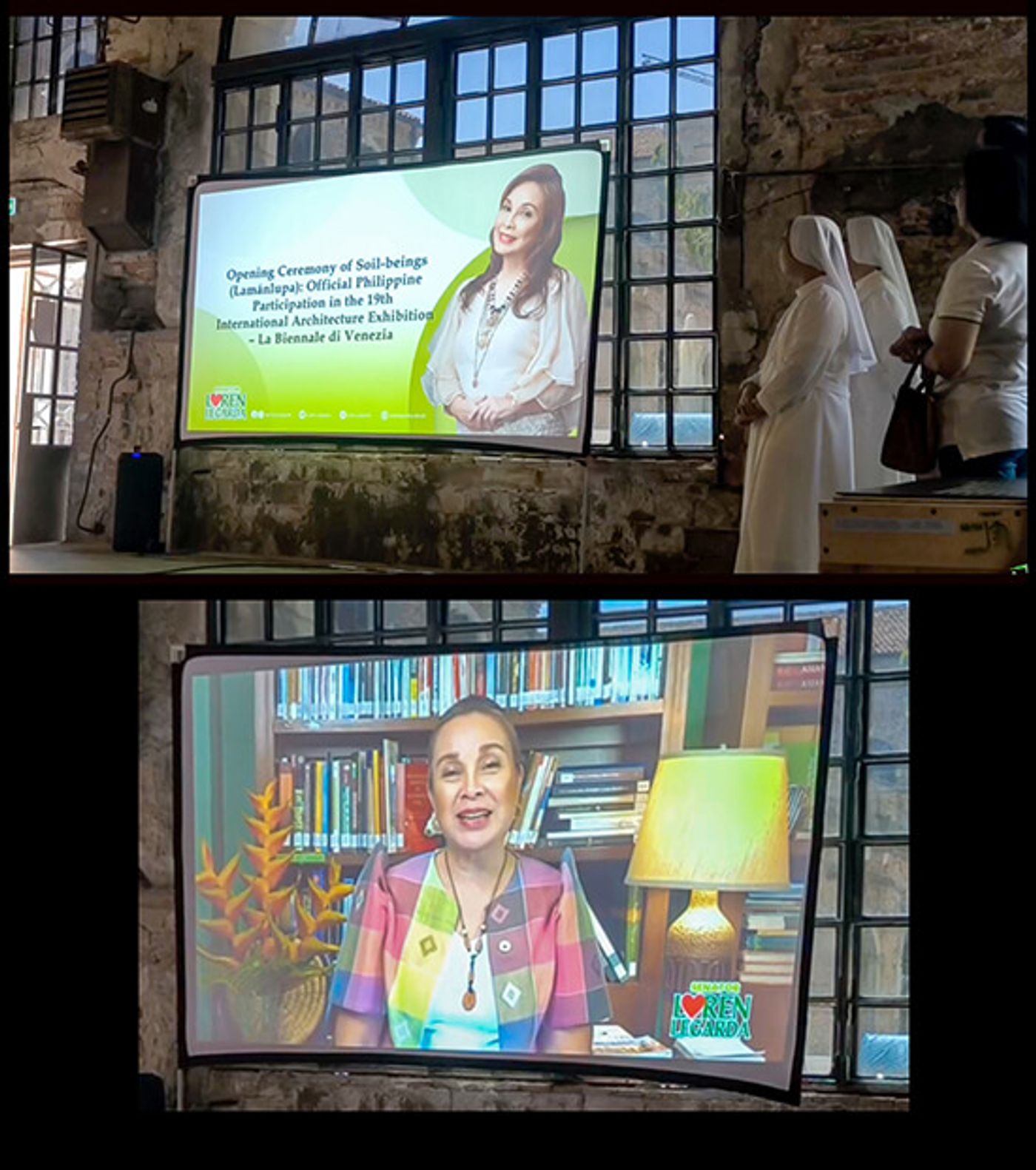 Senator Loren Legarda speaks on a projection screen at the Soil-beings opening in a brick hall