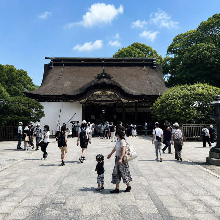 Visitors in the courtyard of Dazaifu Tenmangu Shrine in Fukuoka, its curved traditional roof framed by trees