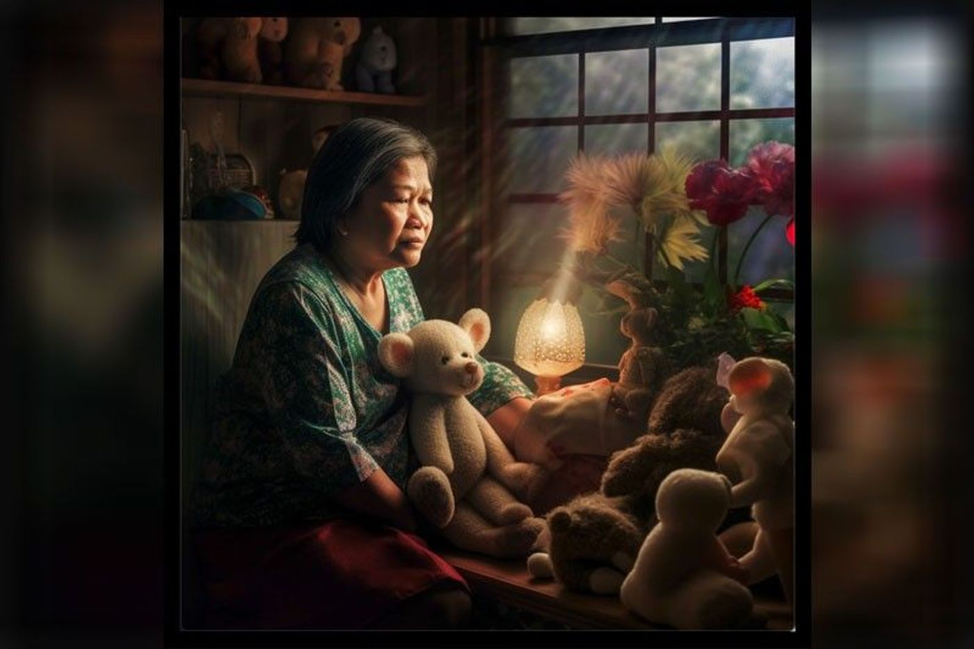 An older Filipina in a floral dress sits among teddy bears at a flower-filled window, a lamp glowing beside her in soft painterly light