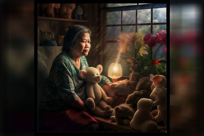 An older Filipina in a floral dress sits among teddy bears at a flower-filled window, a lamp glowing beside her in soft painterly light