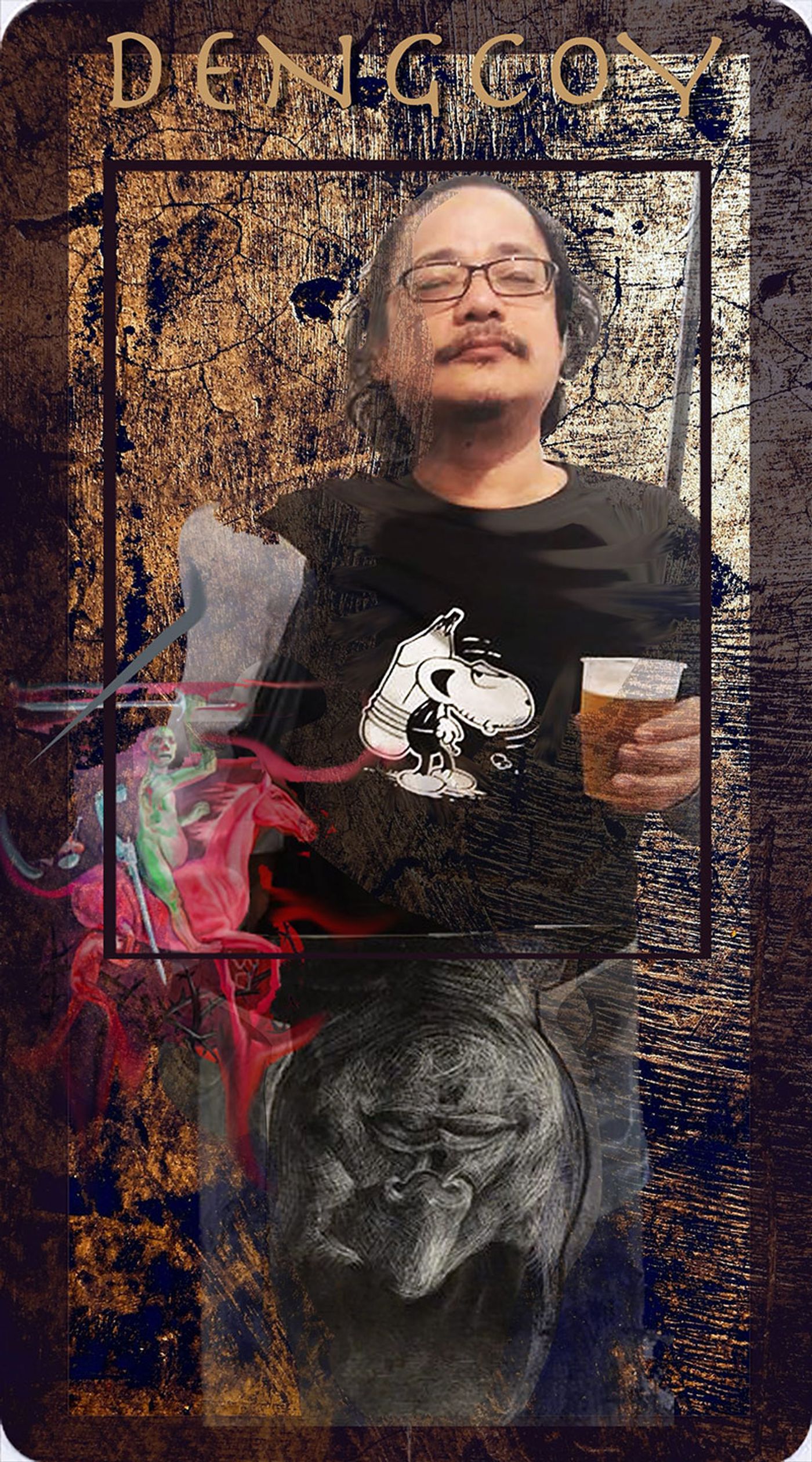Composite portrait card of cartoonist Dengcoy Miel in a Snoopy t-shirt holding a cup of beer, montaged with a red horse and rider painting and a large charcoal grotesque face