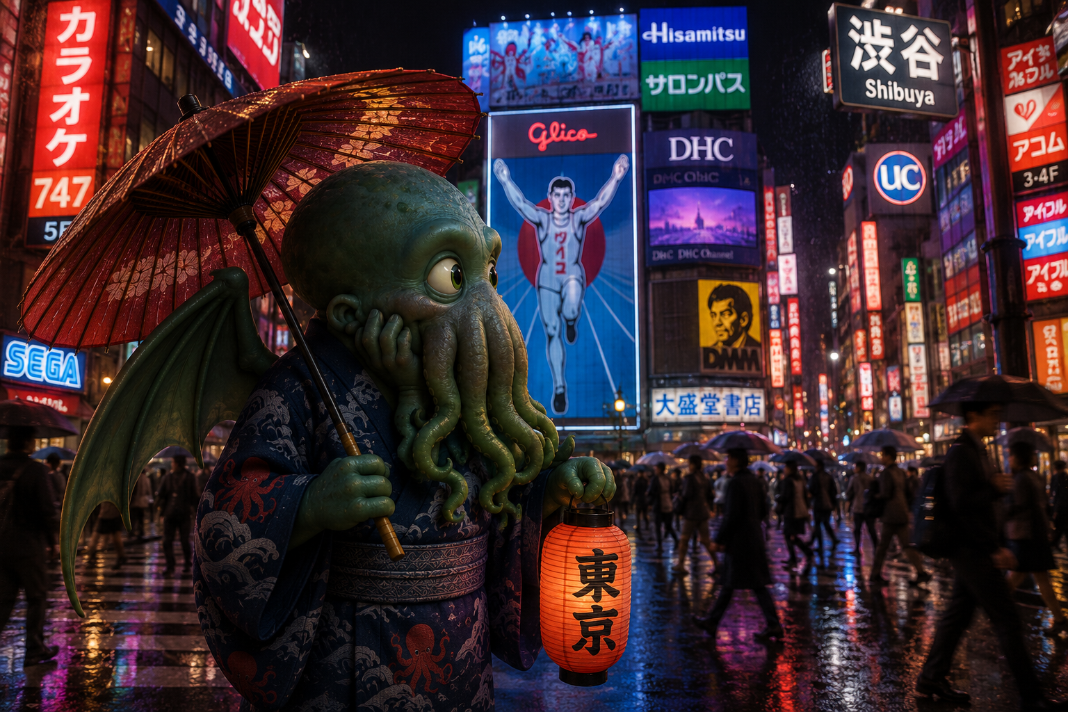 Illustrated Cthulhu in an indigo yukata carries a paper umbrella and a Tokyo lantern through rainy, neon-lit Shibuya Crossing
