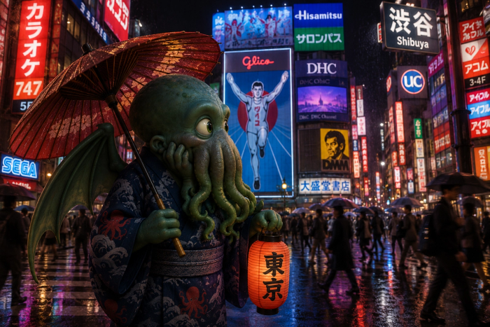 Illustrated Cthulhu in an indigo yukata carries a paper umbrella and a Tokyo lantern through rainy, neon-lit Shibuya Crossing