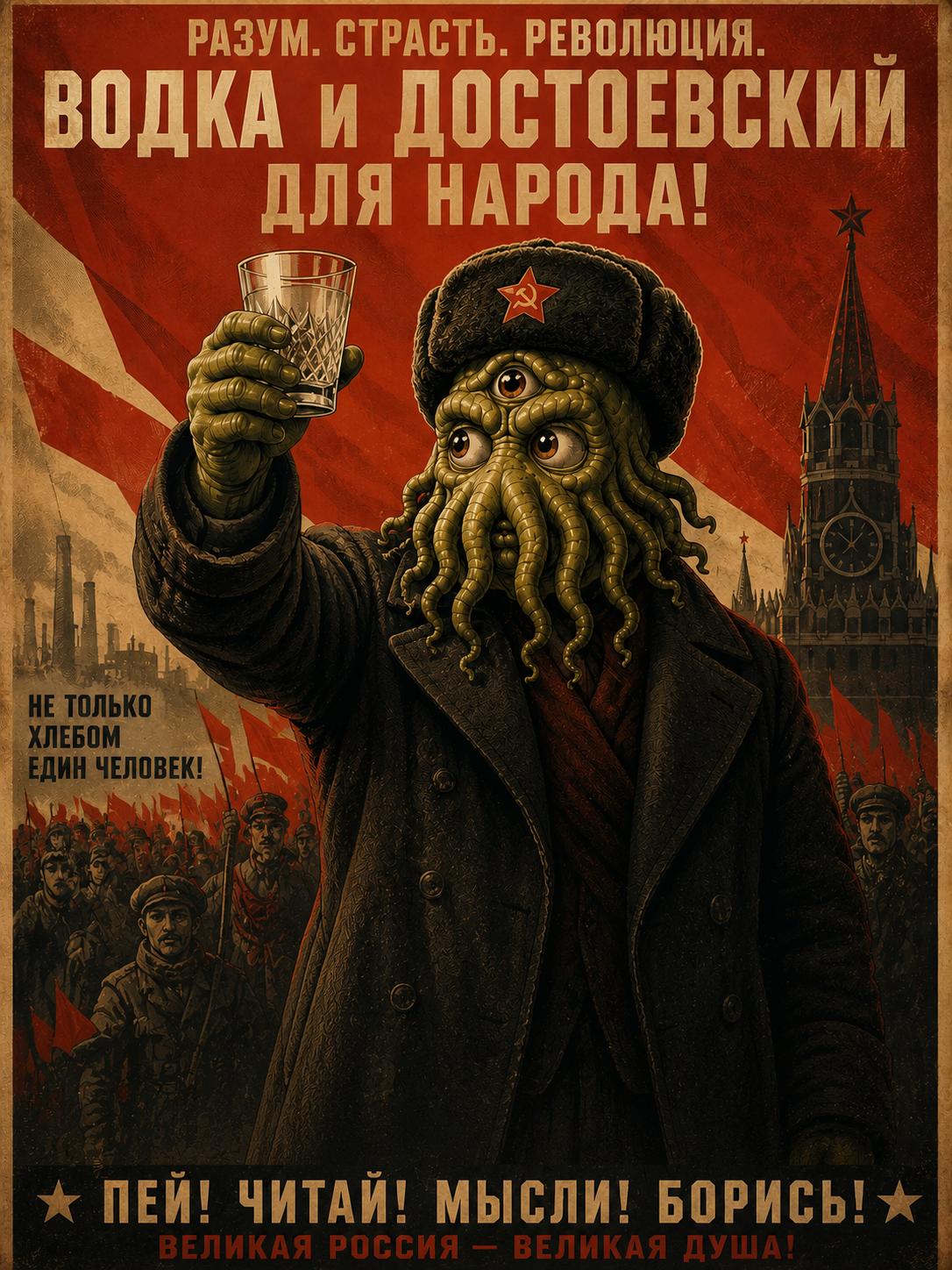 Soviet propaganda-style poster: a three-eyed Cthulhu in a red-star ushanka and greatcoat raises a vodka glass before the Kremlin’s clock tower, Cyrillic slogans hailing vodka and Dostoevsky