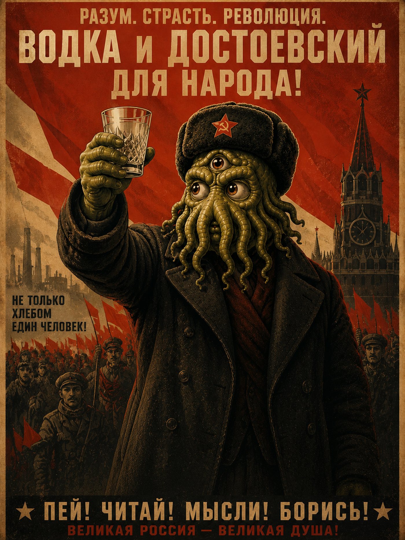 Soviet propaganda-style poster: a three-eyed Cthulhu in a red-star ushanka and greatcoat raises a vodka glass before the Kremlin’s clock tower, Cyrillic slogans hailing vodka and Dostoevsky