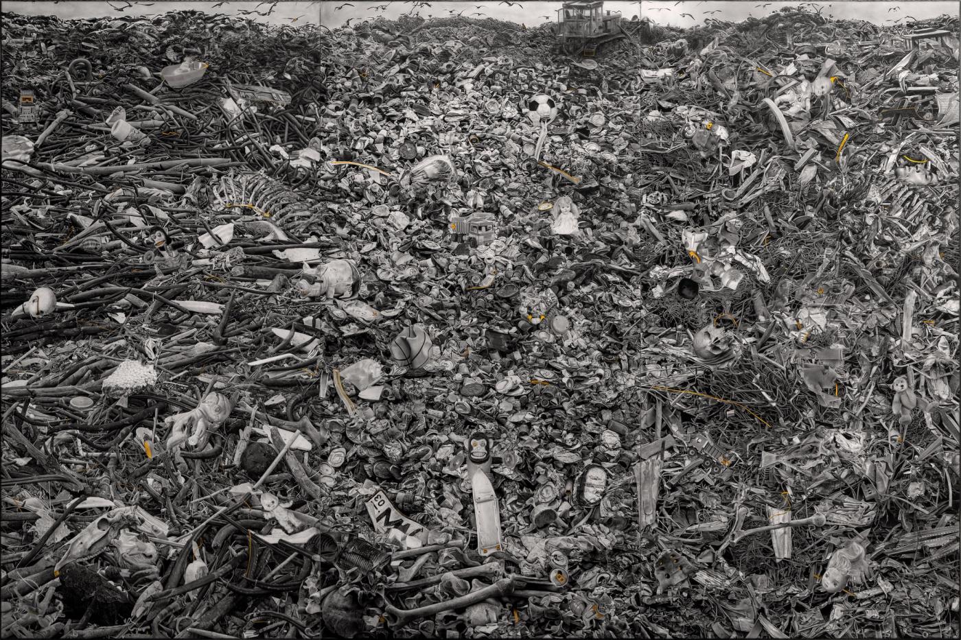Ronald Ventura’s ‘Detritus’ triptych: a vast monochrome landfill of painted debris with a bulldozer cresting the heap