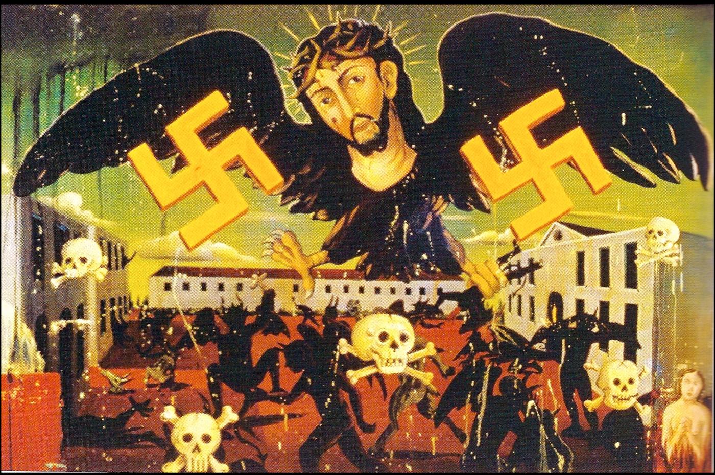 Untitled by Manuel Ocampo: a haloed Christ in a crown of thorns descends on black wings over a colonial plaza between two yellow swastikas, above fleeing black figures and yellow skulls and crossbones