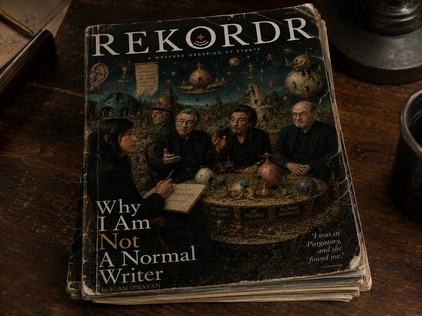 REKORDR magazine mock cover, worn at the edges on a dark wooden table, with Boschian cover art of Igan D’Bayan sketching at a round table opposite Robert De Niro, Al Pacino and Salman Rushdie