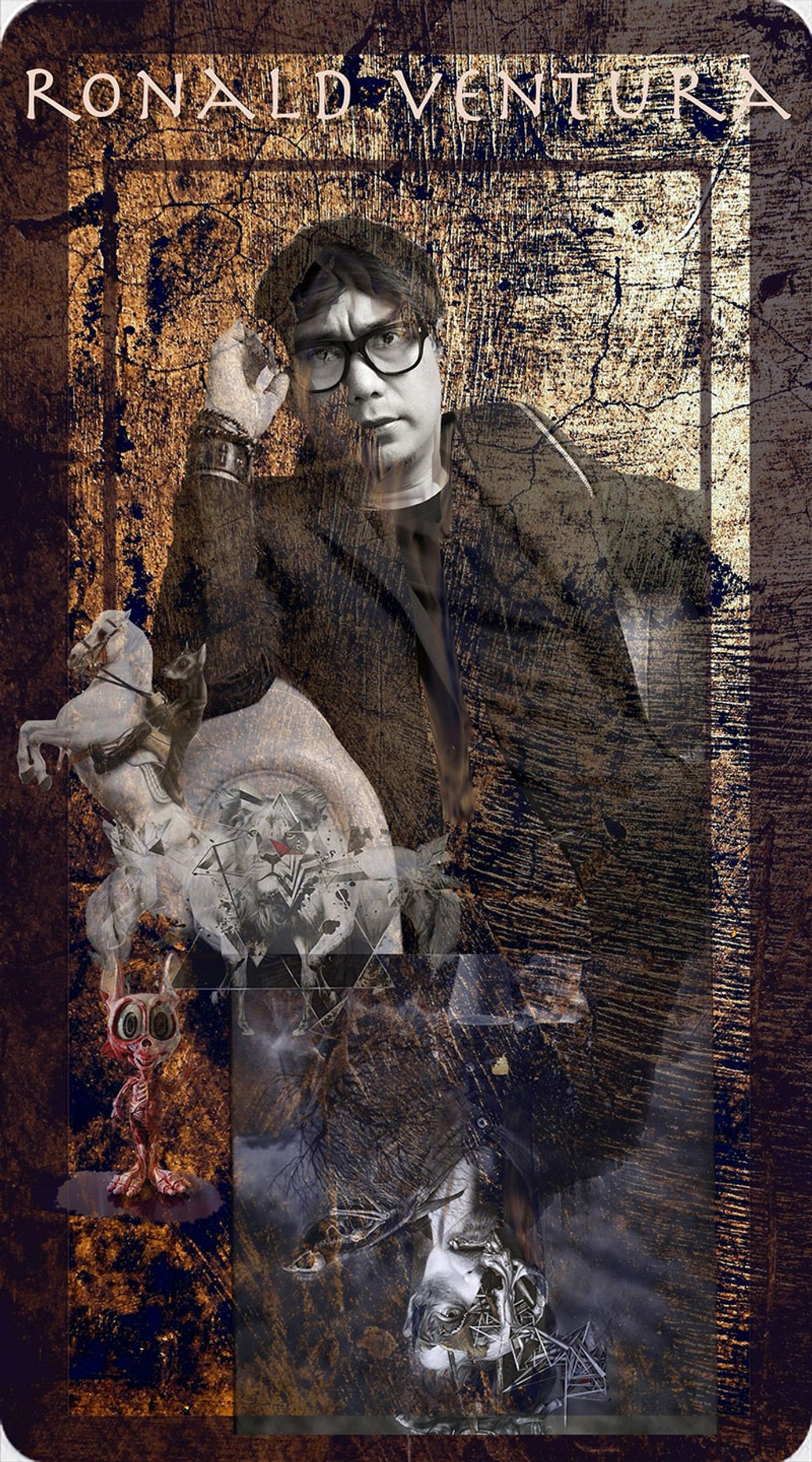 Composite portrait card of artist Ronald Ventura in black glasses and a dark blazer with one hand raised, montaged with his white horse sculpture, a geometric lion and a small flayed figure