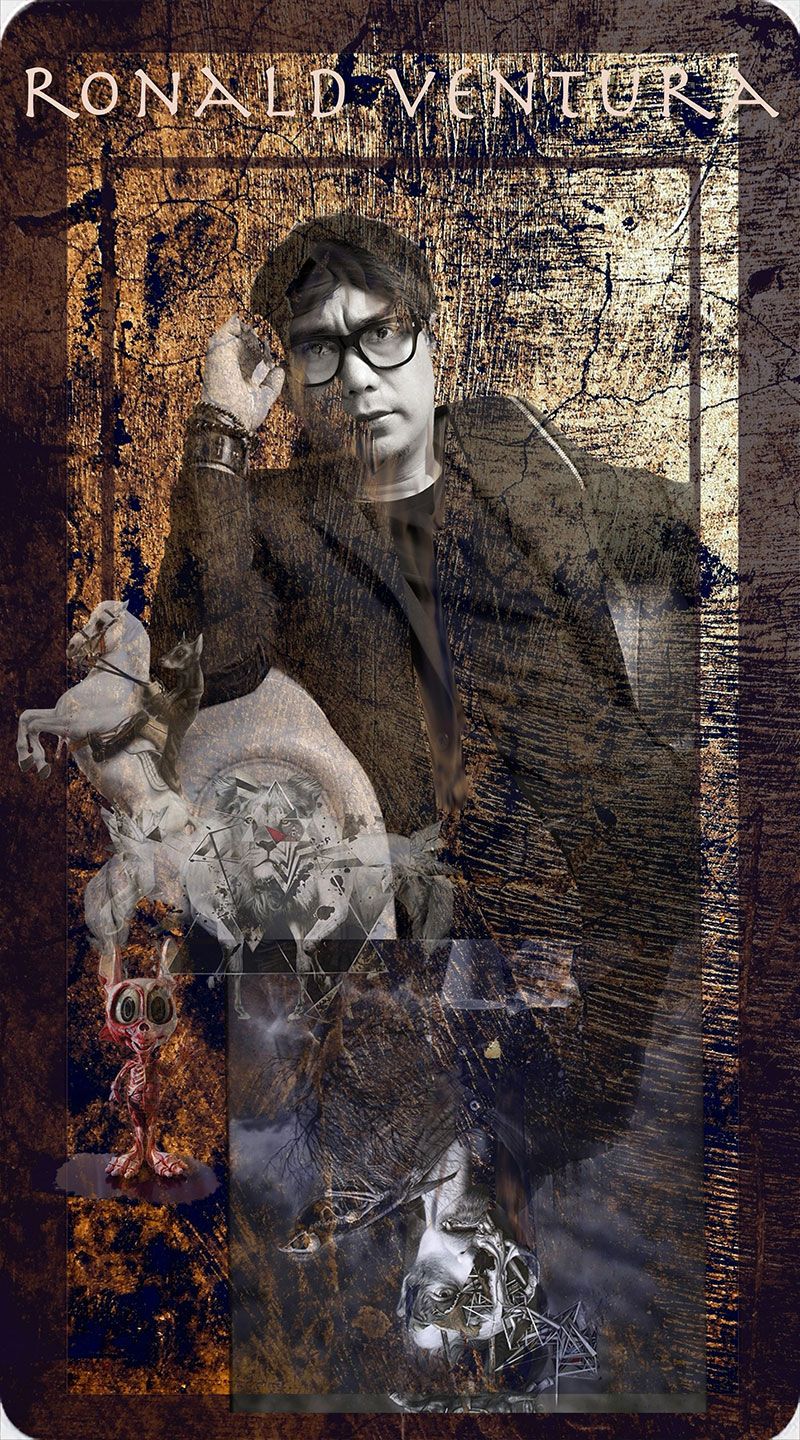 Composite portrait card of artist Ronald Ventura in black glasses and a dark blazer with one hand raised, montaged with his white horse sculpture, a geometric lion and a small flayed figure