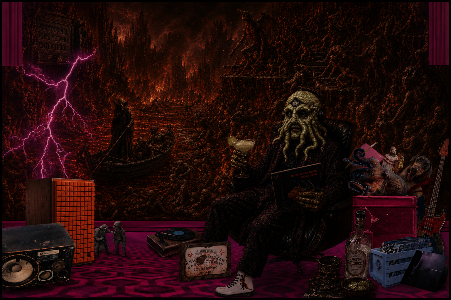 Cthulhu in a pinstriped suit swirls a cocktail in his listening room (turntable, orange speaker and record crates at hand) as the far wall opens onto a Bosch-like inferno crackling with pink lightning