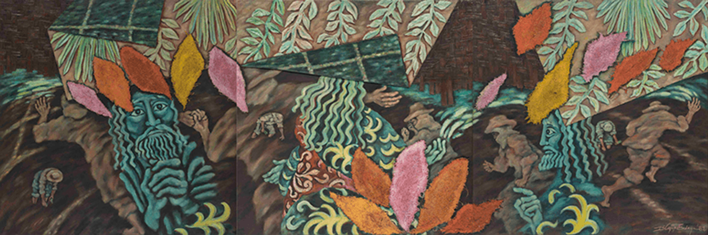 Imelda Cajipe-Endaya’s Bagong Nobena Kay Isidro Labrador, teal bearded figures amid leaves and bright plumes while farmhands work the dark soil