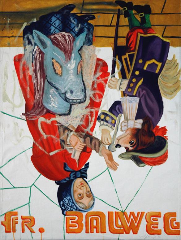 Manuel Ocampo painting of an upside-down figure in a blue horse mask and red coat facing an inverted soldier in a purple uniform, FR. BALWEG lettered in orange below
