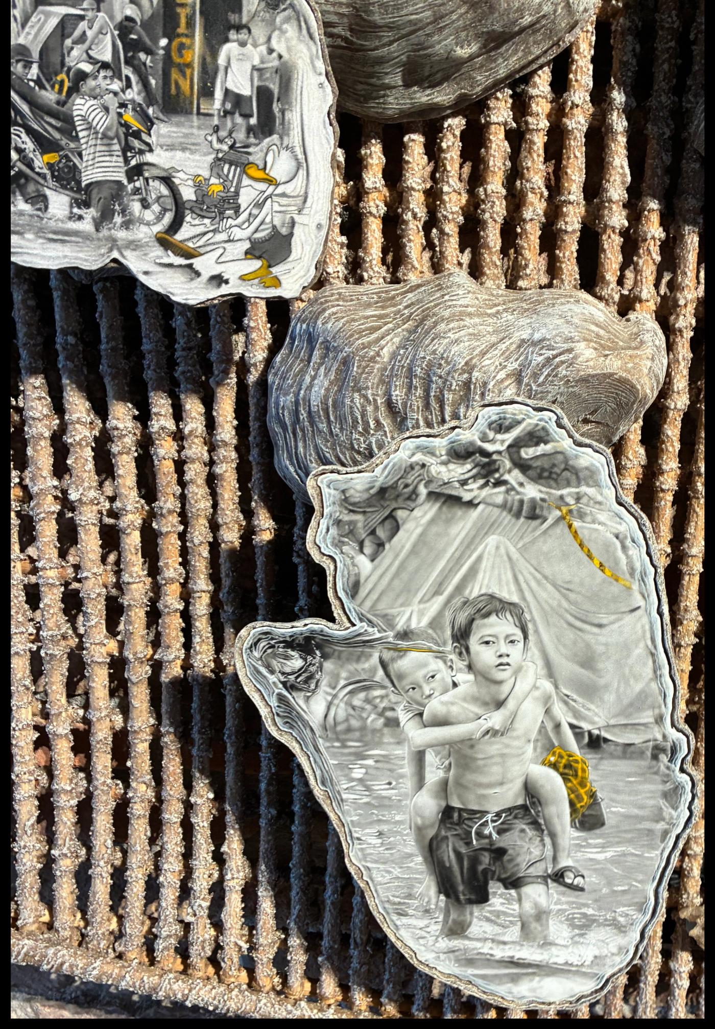 Hand-shaped woven panels of bamboo, rattan and abaca hold graphite postcard drawings, one of boys wading through floodwater