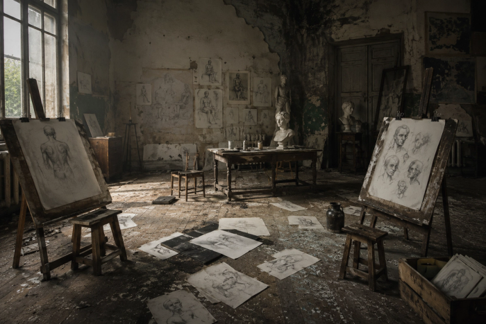 Charcoal figure studies on easels and scattered across the floor of a peeling, light-filled life-drawing studio with plaster busts