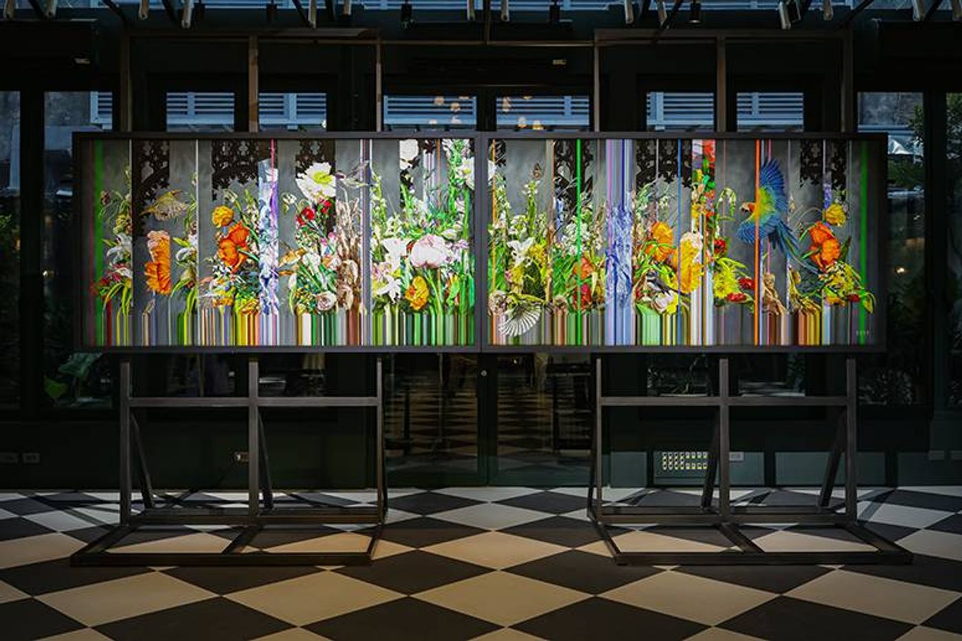 Large-scale oil painting titled In the Garden of Chroma showing a lush bouquet of flowers intersected by vertical glitch-like strips of color