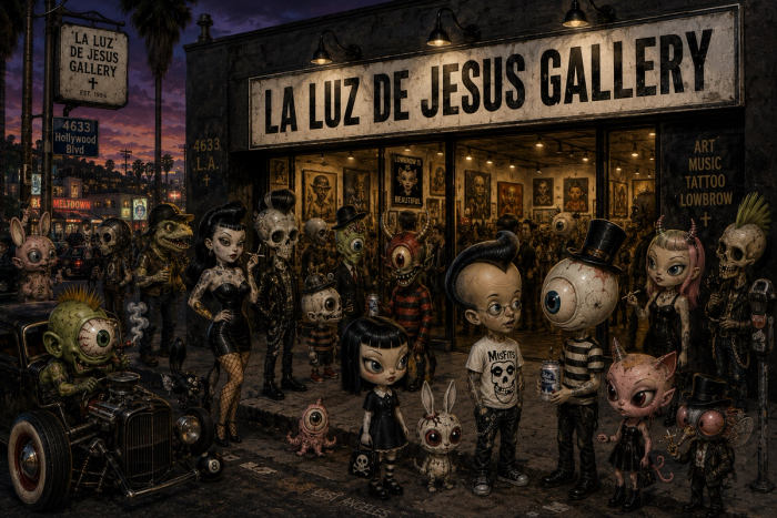 Illustrated lowbrow crowd of eyeball-headed kids, skeleton punks and a vintage hot rod outside La Luz De Jesus Gallery on Hollywood Boulevard at dusk