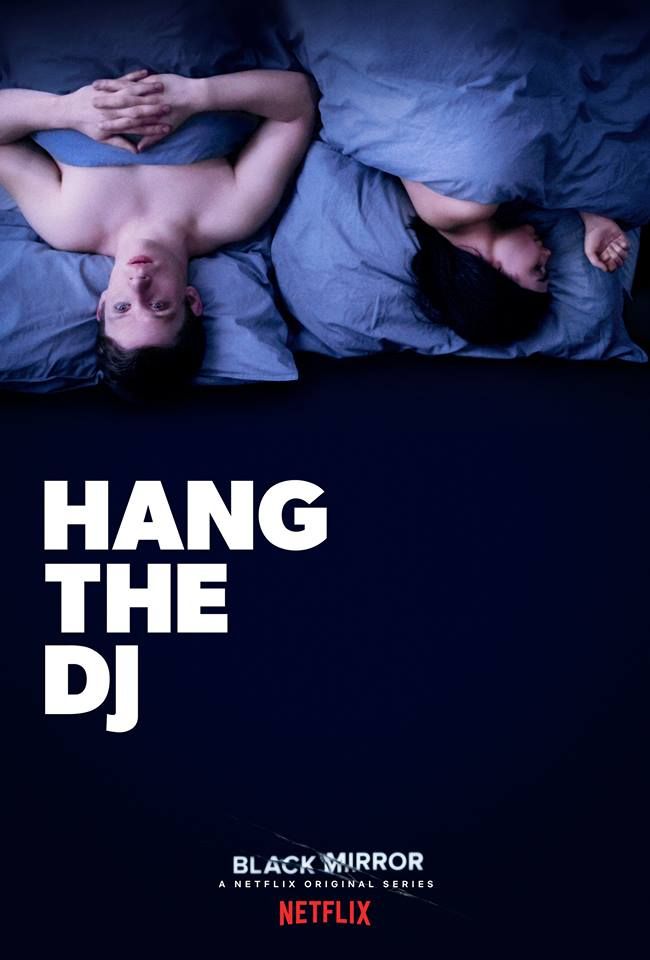 Hang the DJ episode poster: a couple lying head to head on blue bedding, seen from above