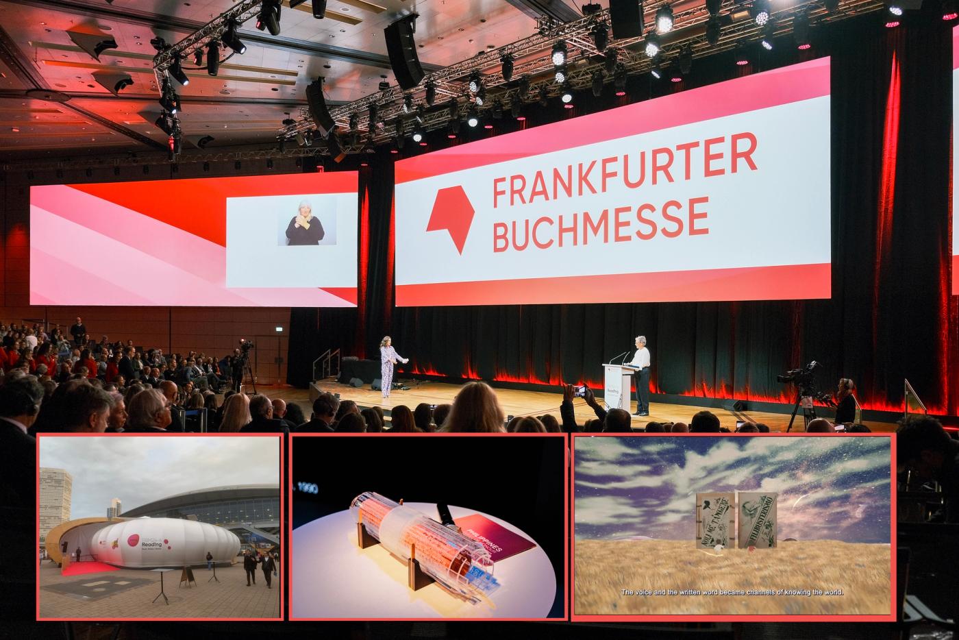 Collage showing the Frankfurter Buchmesse opening ceremony stage with red and white banners, the Frankfurt Pavilion, the Guest Scroll, and an animation scene