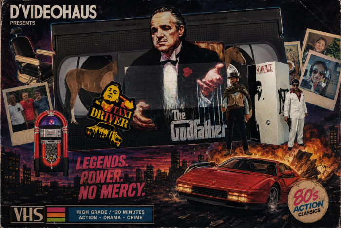 Retro VHS-box artwork, “D’Videohaus presents”: Brando’s Godfather above a Taxi Driver sticker, a Scarface figure, jukebox, barber chair, family Polaroids and a flaming red sports car, ’80s Action Classics