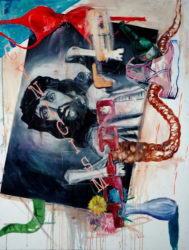 Manuel Ocampo painting over a black and white photograph of two women, overlaid with a red bra, links of sausage, a bottle and the words cynicism and idealism