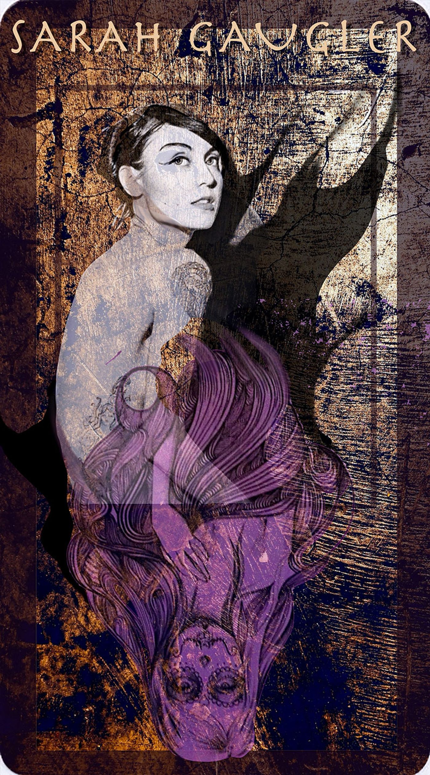Composite portrait card of artist and musician Sarah Gaugler, bare shouldered with tattoos, montaged over her own violet line drawing of flowing hair and a patterned skull