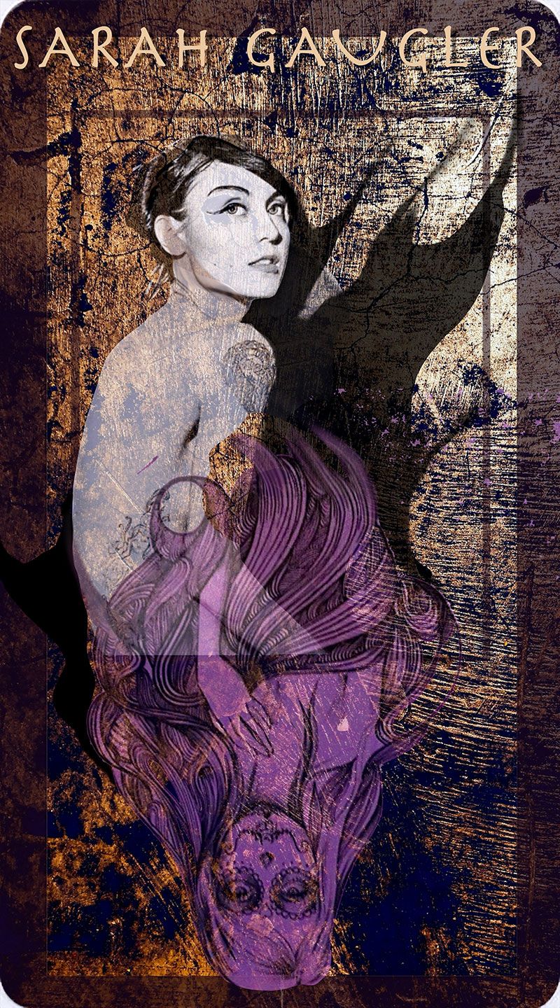Composite portrait card of artist and musician Sarah Gaugler, bare shouldered with tattoos, montaged over her own violet line drawing of flowing hair and a patterned skull