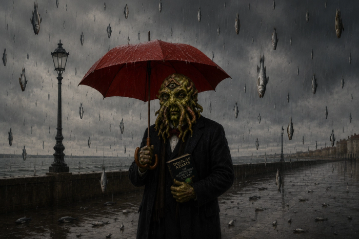 A tentacled figure in a dark overcoat stands on a rainy seaside promenade beneath a red umbrella, book in hand, as fish rain from the grey sky past a Victorian lamppost