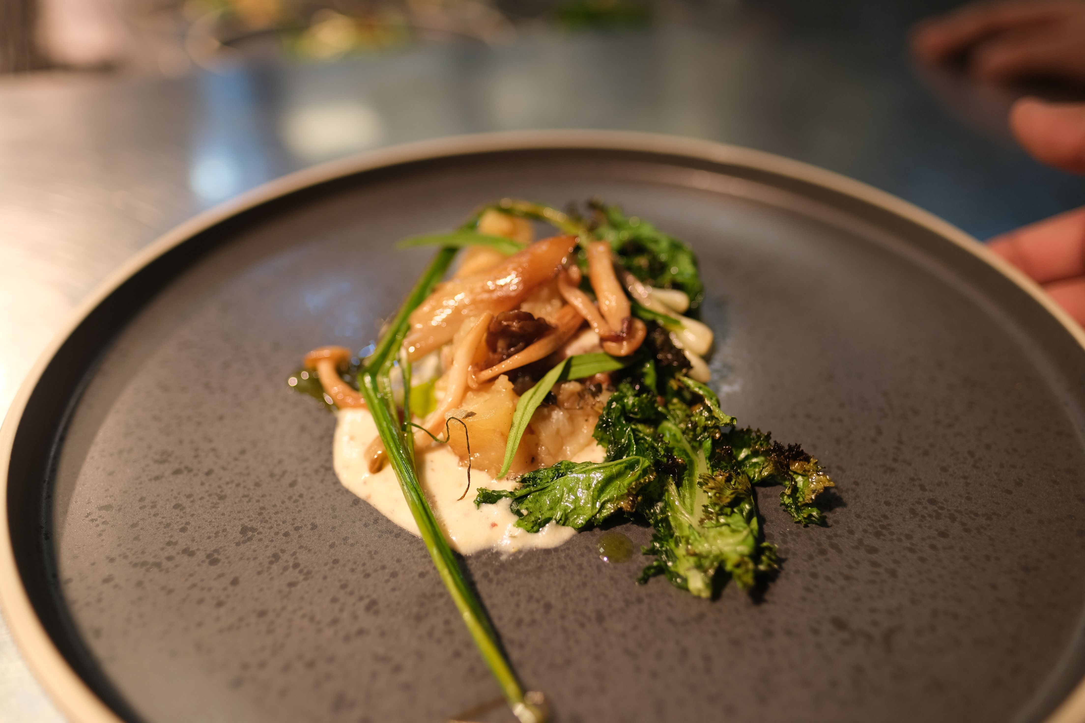 Stuffed rabbit plated with braised mushrooms and charred kale over a pale cream sauce on a grey plate
