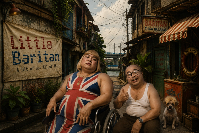 Little Baritan parody scene in a Malabon alley, a blonde figure in a Union Jack dress in a wheelchair beside a grinning man in a white sando, a small dog looking on