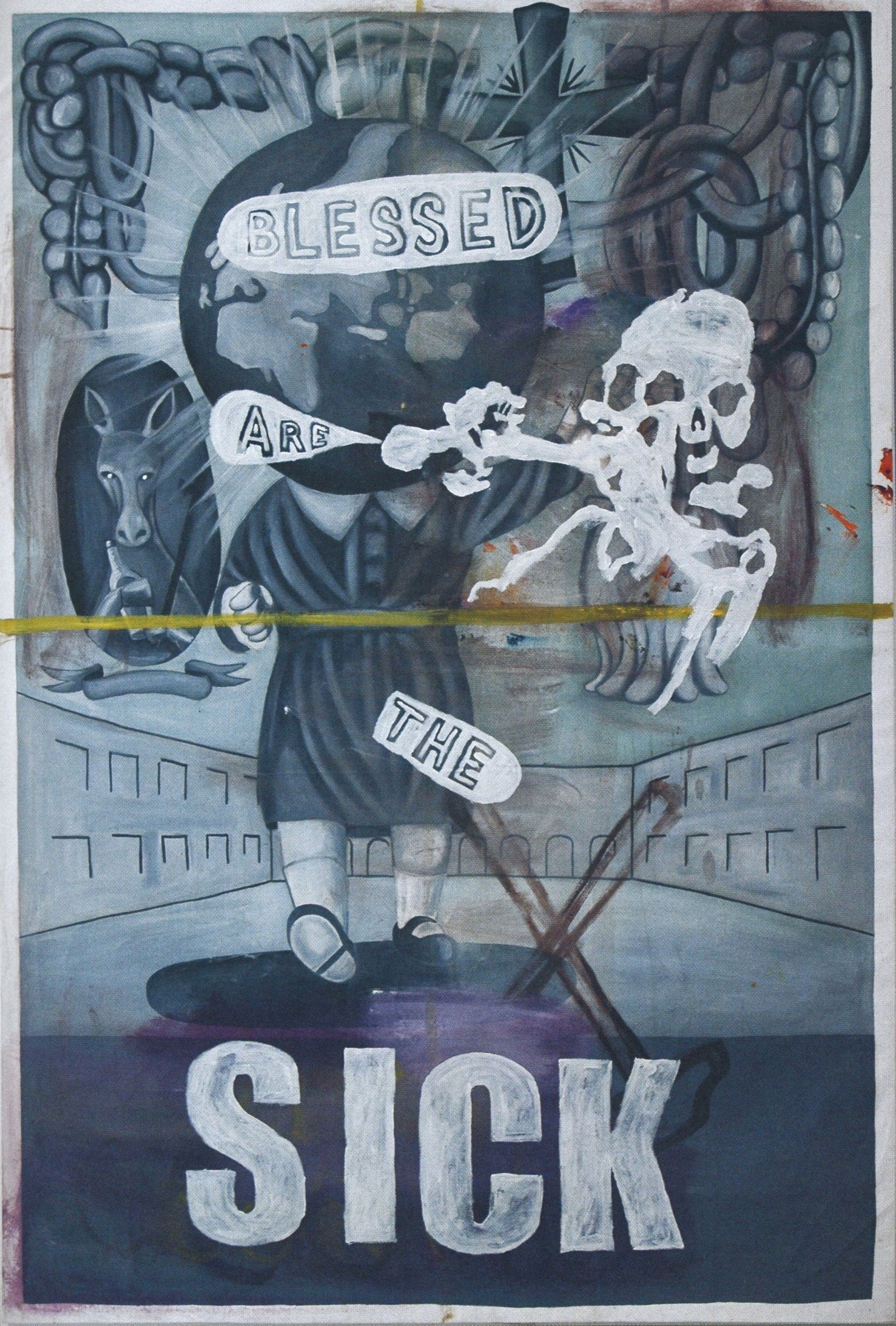 Manuel Ocampo painting in greys and blues: a robed figure in a courtyard blowing a skeleton out of a horn, BLESSED ARE THE SICK lettered across it
