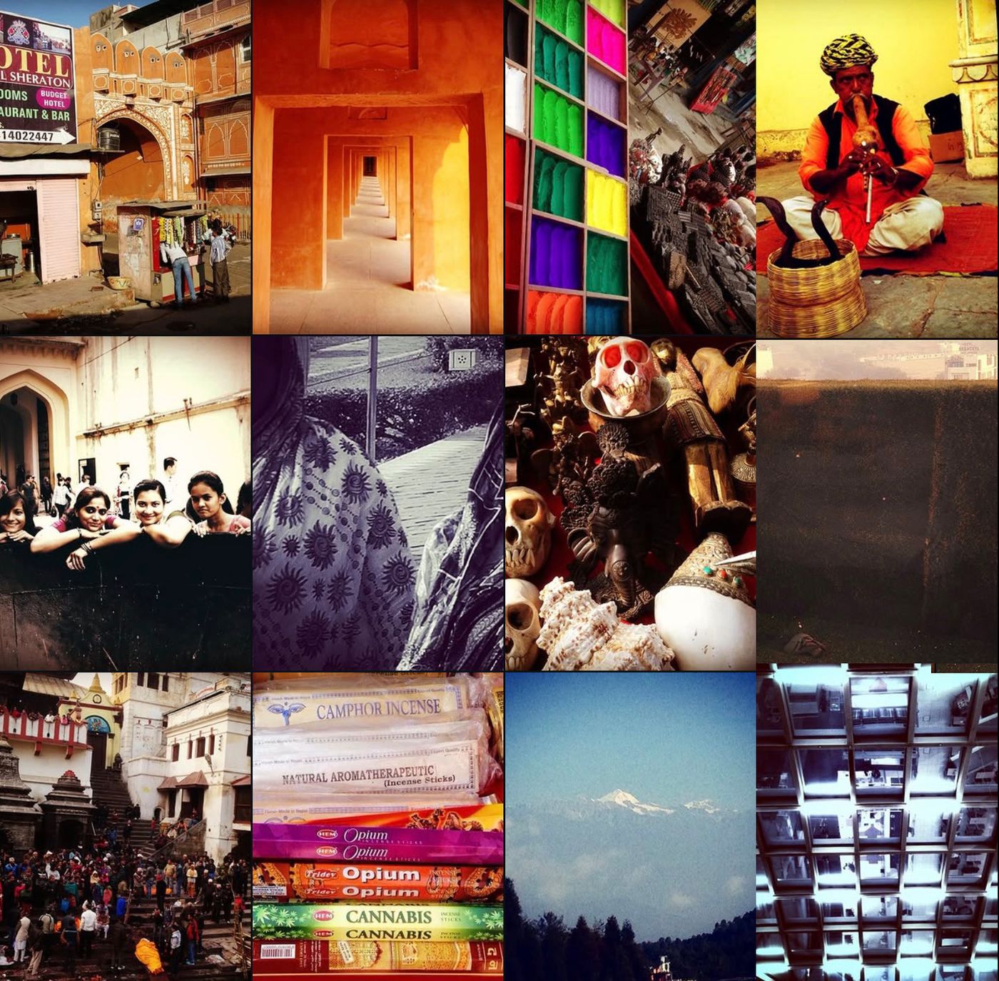Collage of trip snapshots: sandstone archways, colored glass, a snake charmer, incense and Himalayan peaks