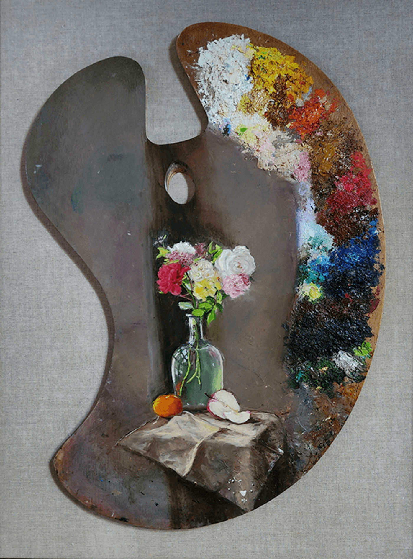 Painting titled My Best Palette featuring a wooden artist palette with paint blobs on the edge and a central still life painting of flowers in a glass vase