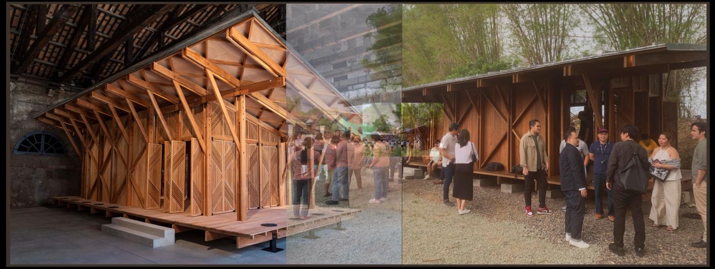 Composite of the Philippine Pavilion community library: installed inside the Venice Arsenale on the left, rebuilt outdoors in Angat, Bulacan on the right, where visitors gather along its slatted walls