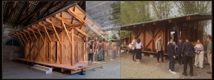 Composite of the Philippine Pavilion community library: installed inside the Venice Arsenale on the left, rebuilt outdoors in Angat, Bulacan on the right, where visitors gather along its slatted walls