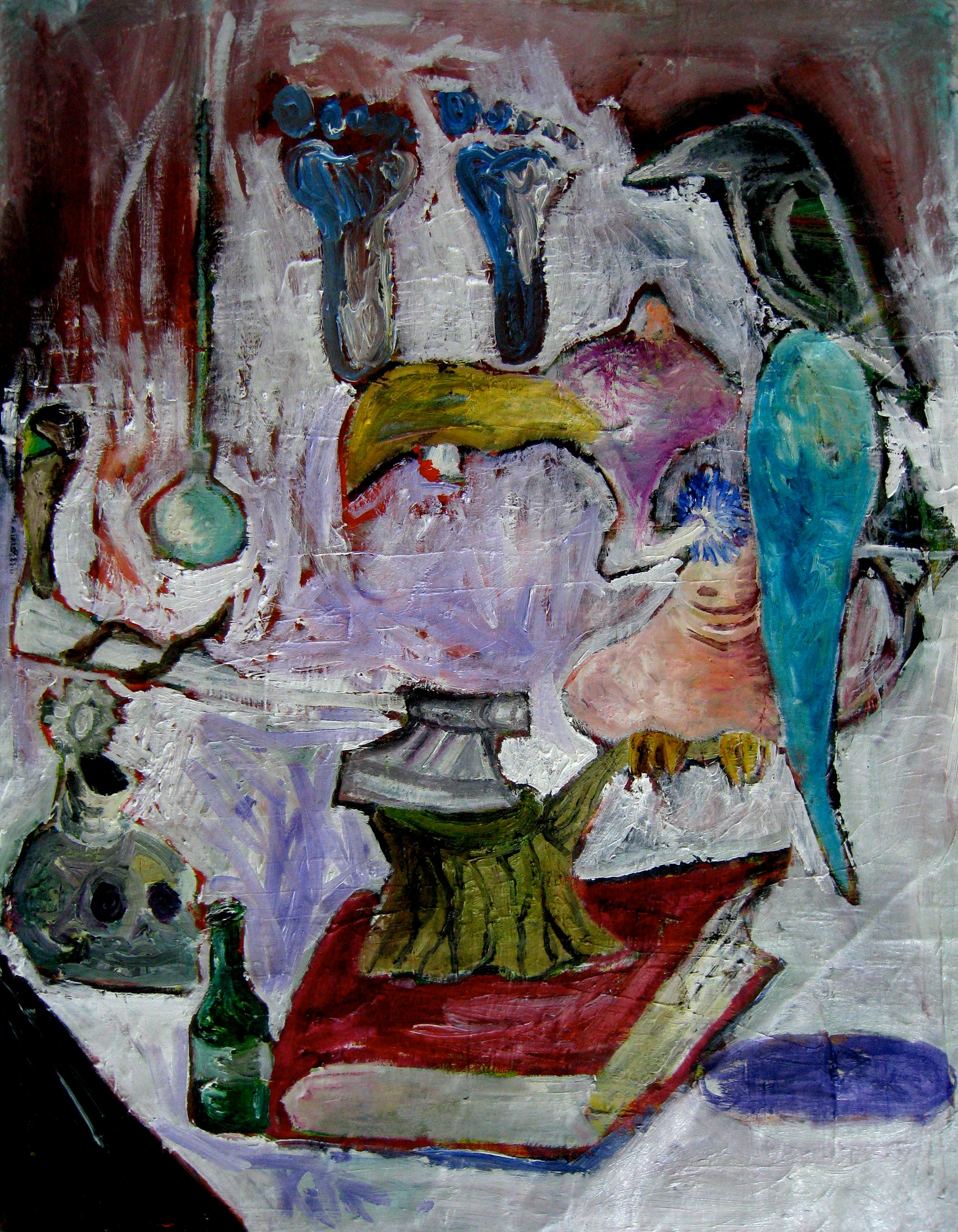 Manuel Ocampo still life in reds and whites: a slumped figure with a blue bird perched on it, a skull, a green bottle and a red book