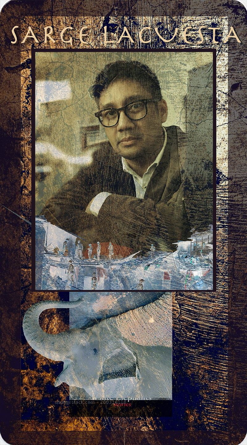 Composite portrait card of writer Sarge Lacuesta in glasses and a dark jacket with folded arms, montaged over a painted riverside shanty scene and a pale elephant raising its trunk
