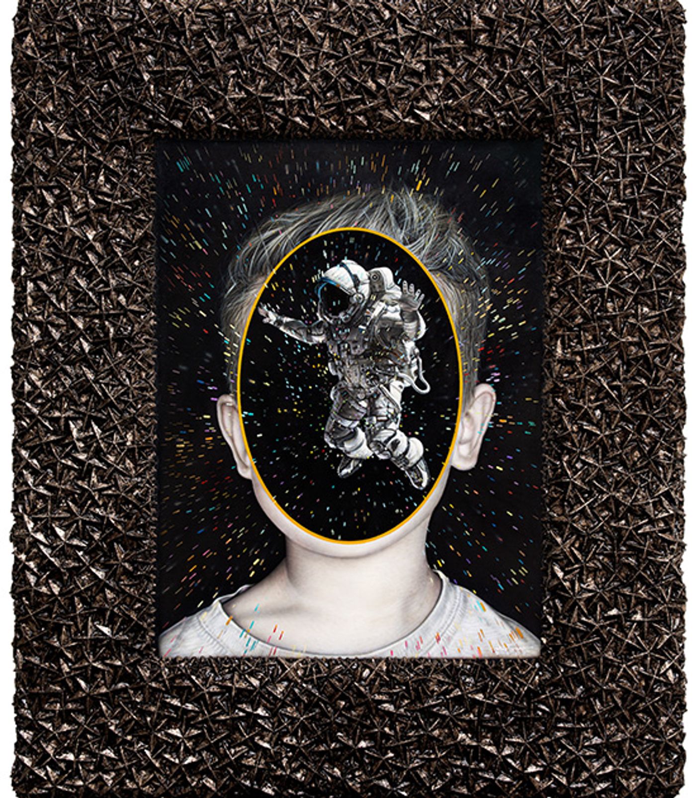 Ronald Ventura’s Comicosmic 2, a boy’s portrait whose face is an oval starfield with a floating astronaut, set in a spiky bronze frame
