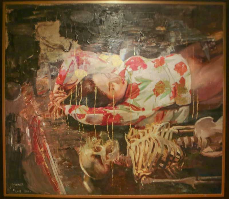 Winner Jumalon’s Ta Mira na Dos Luna, a sleeping figure in a red floral top lying beside a skull and skeleton, streaked with drips of gold