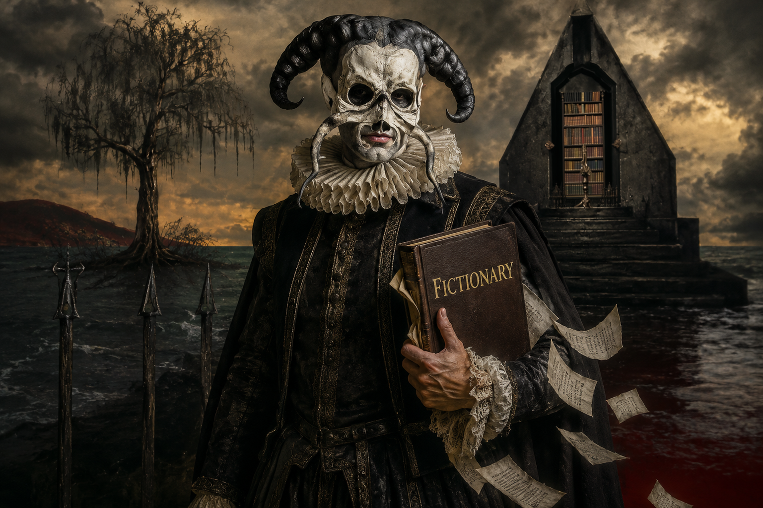 A figure in a horned skull mask and pleated ruff holds a leather volume lettered Fictionary before a stormy sea and a mausoleum of books