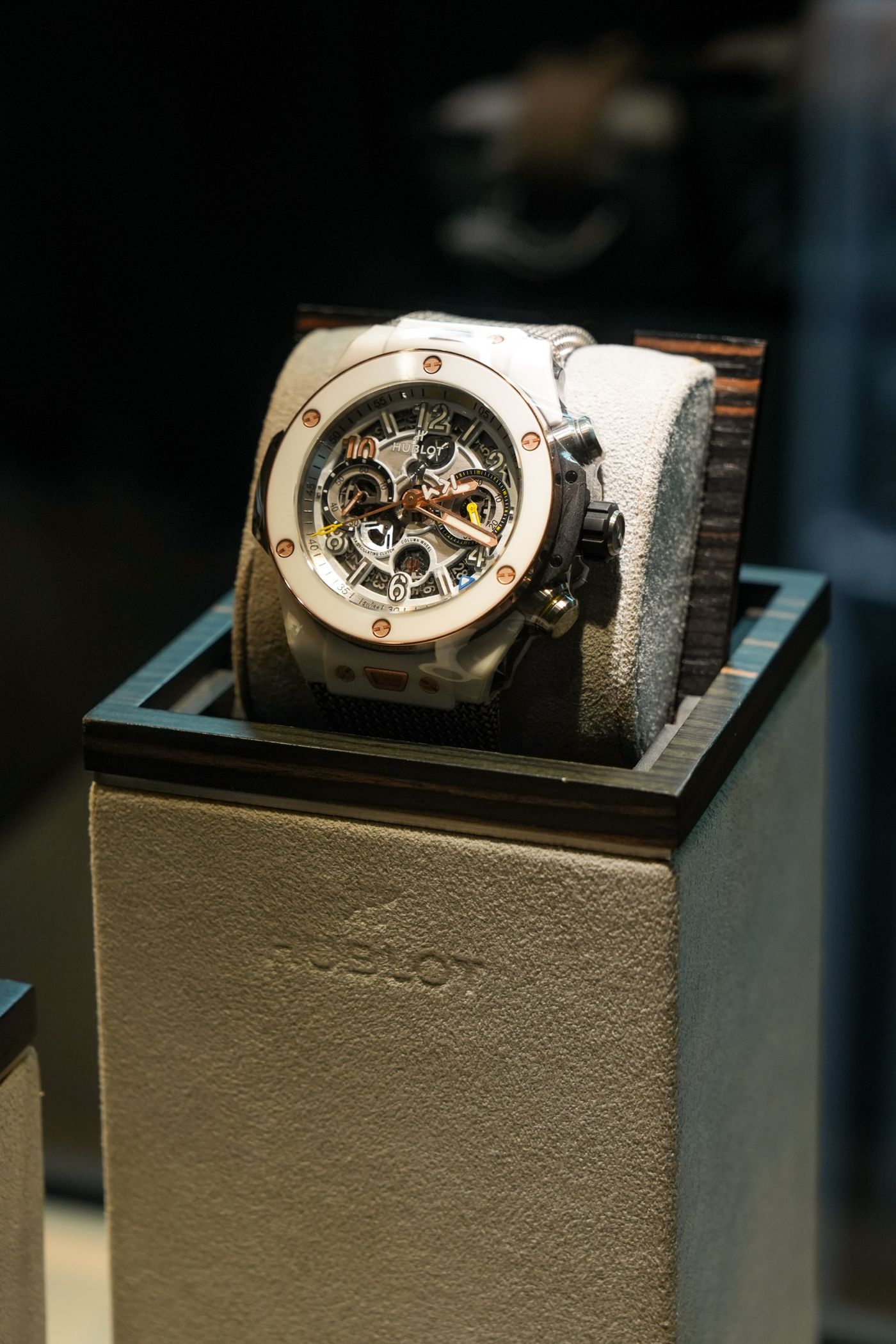 Hublot white ceramic skeleton chronograph watch on display at Lucerne Watch Week