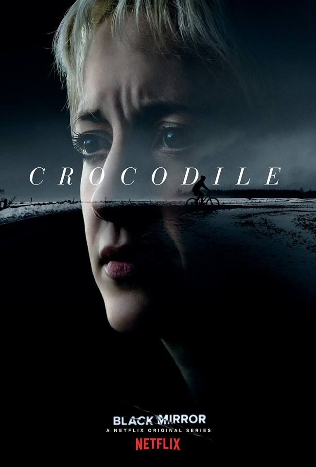 Crocodile episode poster: a woman’s pale face superimposed over a lone cyclist on a dark road