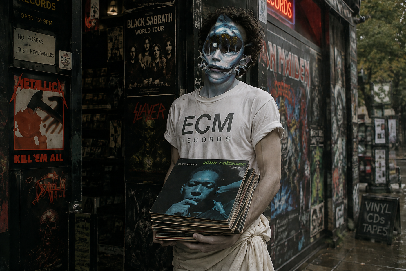 A man in an ECM Records t-shirt with a surreally painted face carries a stack of LPs topped by John Coltrane’s Blue Train past a metal record shop