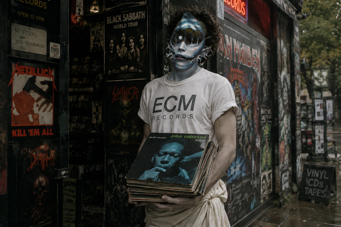 A man in an ECM Records t-shirt with a surreally painted face carries a stack of LPs topped by John Coltrane’s Blue Train past a metal record shop