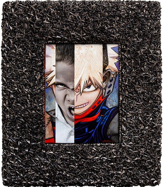 Boy’s scowling face interleaved in vertical strips with a spiky-haired manga character, in a studded black frame