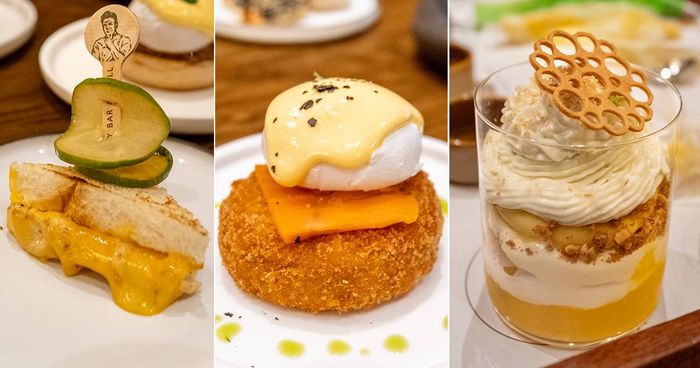 Triptych of brunch plates: a cheese toastie with pickle, crab cake benedict and a layered mango dessert