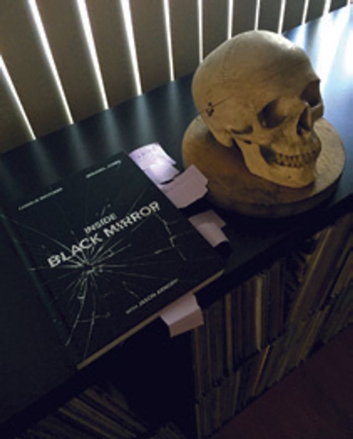 The book Inside Black Mirror with cracked-glass cover art on a shelf beside a skull sculpture