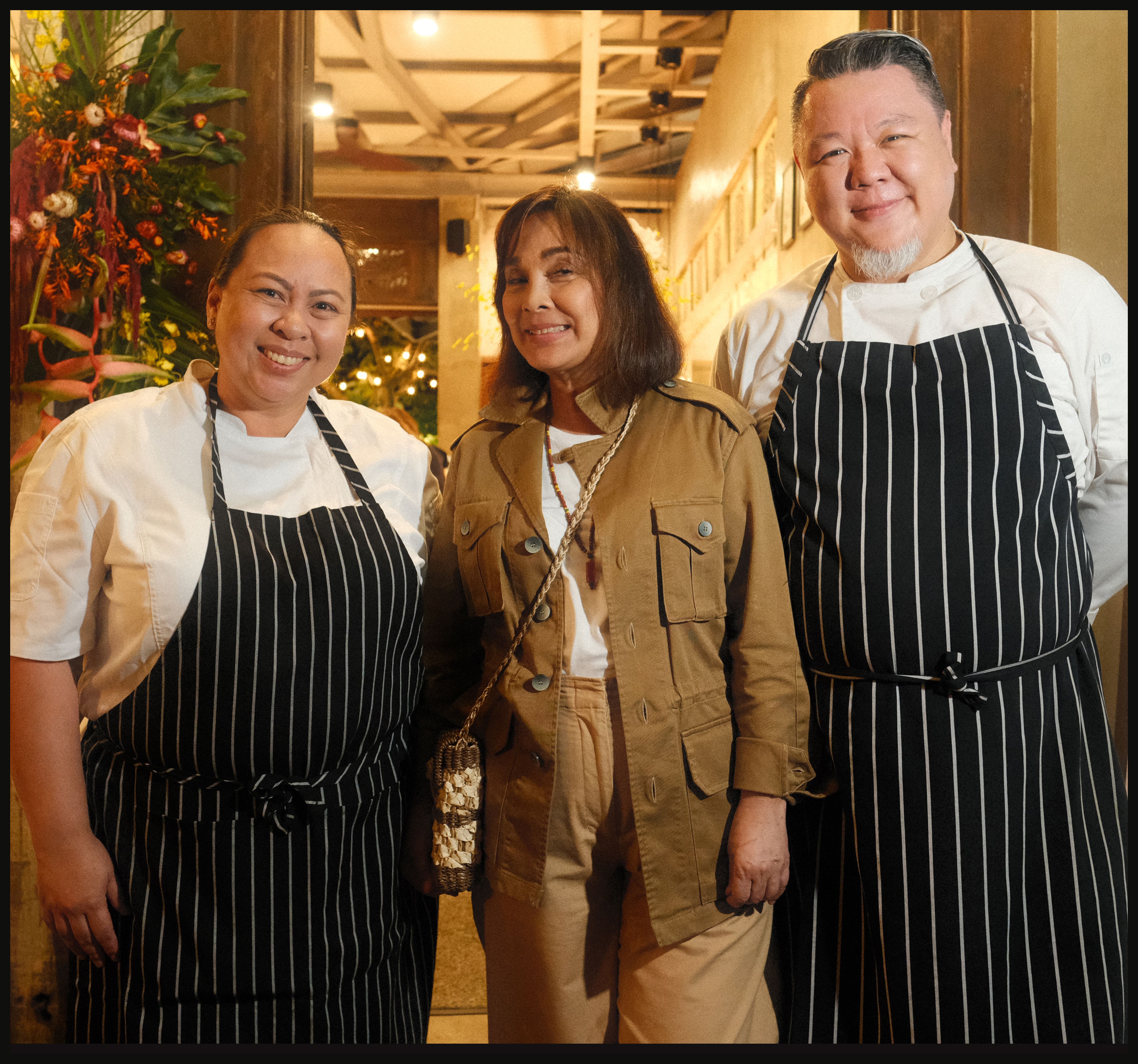 Senator Loren Legarda standing between chefs Rhea and Jay Jay SyCip inside The Fatted Calf restaurant in Tagaytay